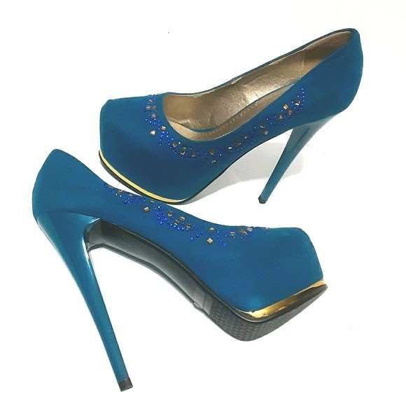 Memorata Celine Sapphire Blue Bejeweled Ultra High Stiletto Platform Heels US 6 - Picture 5 of 9